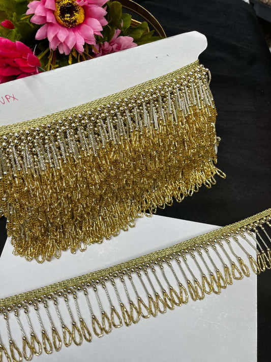 Handcrafted Zardozi Hanging Lace – Elegant Latkan Border Trim for Sarees, Dupattas & Bridal Wear (9 Meter, 2 Inch Width) | Gold