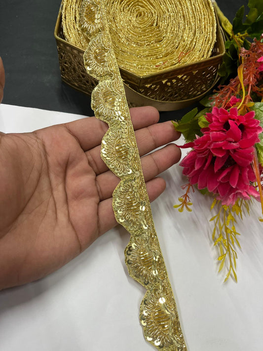 Handmade Scalloped Zardosi Work Lace Border – Intricate Hand Embroidery (9 Meter) | Gold