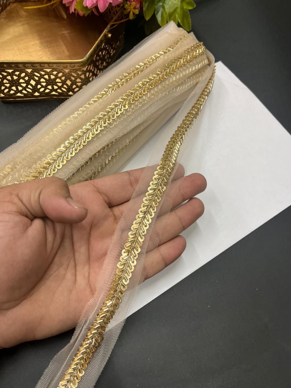 Elegant Pipe & Sequin Work Lace Borders – Designer Maggam Work Trim for Sarees, Lehengas & Dupattas (9 Meter, 0.5 Inch Width) | Gold