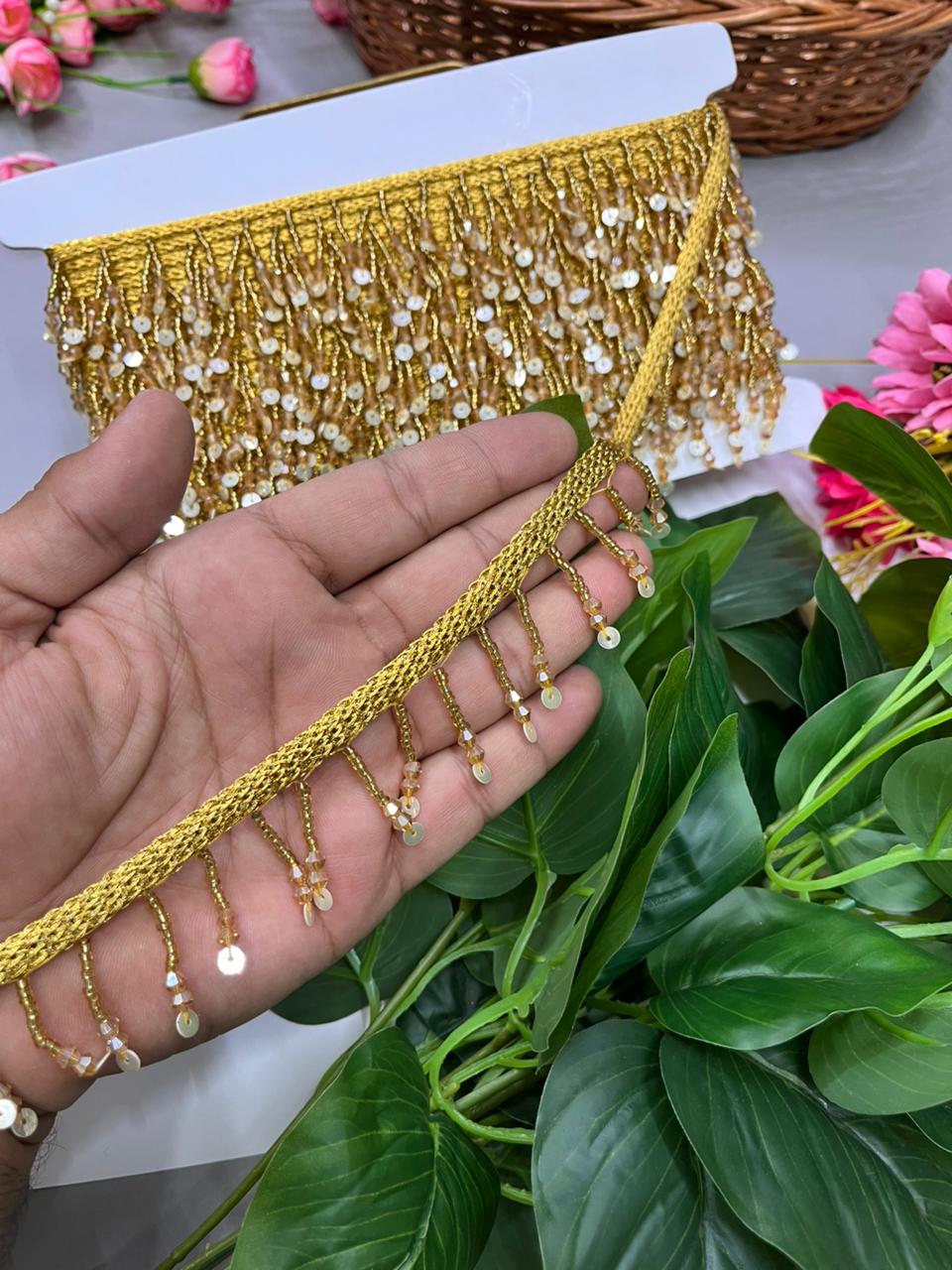 Beaded Hanging Tassel Lace with Sequins – Premium 2 Inch Latkan Style Decorative Border for Ethnic & Festive Wear (9 Meter) | Gold