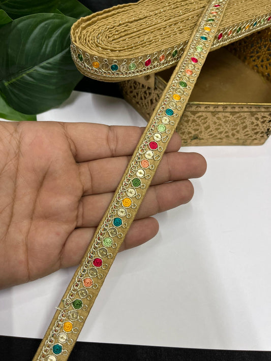Multicolored Sabyasachi Inspired Embroidered Lace – 9 Meters, 0.5-Inch Designer Trim for Sarees, Lehengas & Dupattas | Gold