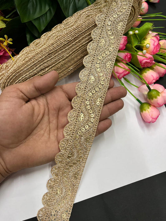 Elegant Golden Zari Embroidered Saree Laces – Premium 1.5 Inch Gold Designer Border for Dupattas, Lehengas & Festive Wear (9 Meter) | Gold