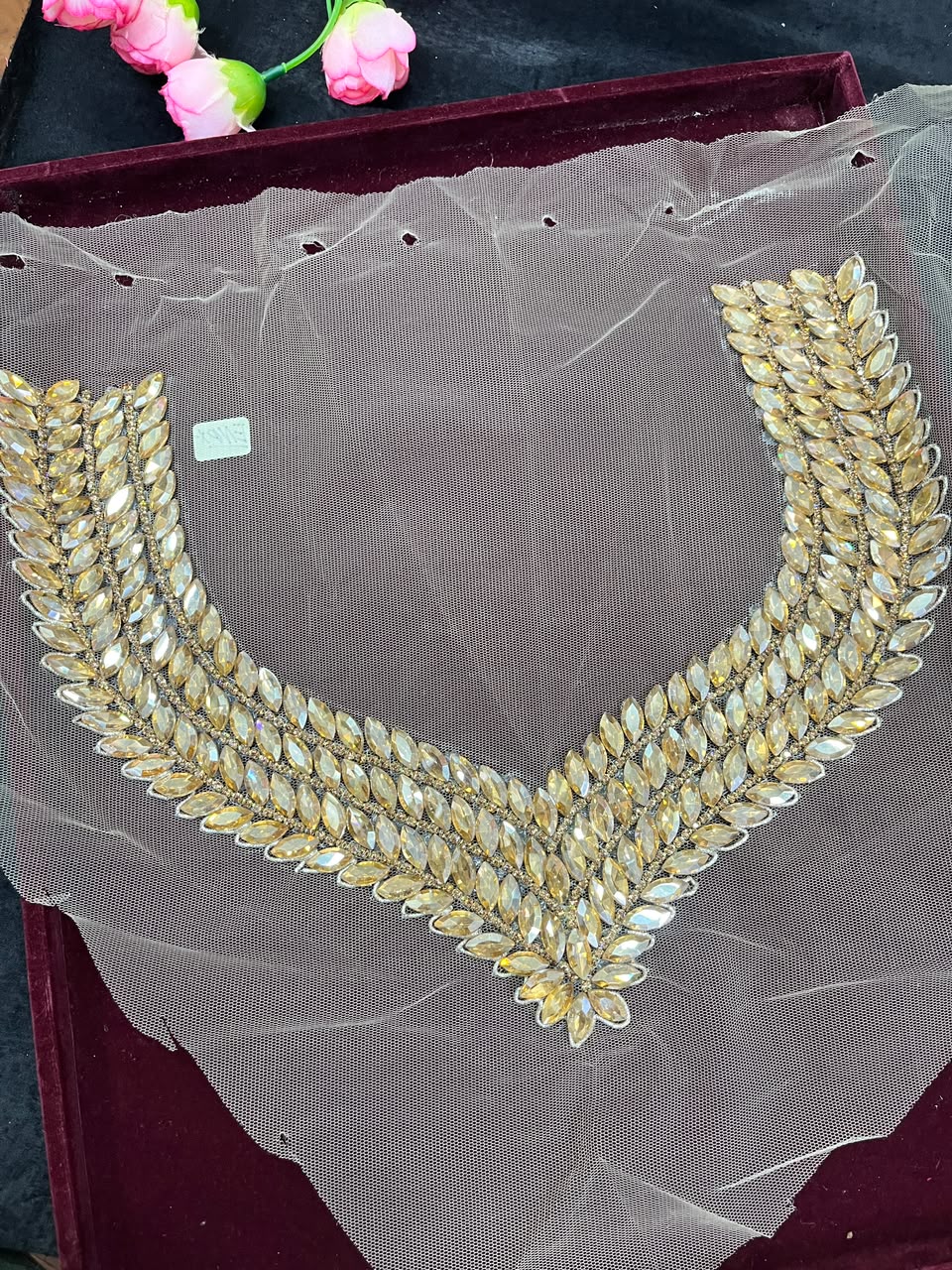 Handmade Crystal Neck Patch for Kurtis, Dresses & Blouses – Designer Handcrafted Crystal Embellished Neckline Applique | DC1041 | Gold