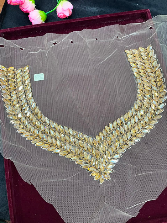 Handmade Crystal Neck Patch for Kurtis, Dresses & Blouses – Designer Handcrafted Crystal Embellished Neckline Applique | DC1041 | Gold