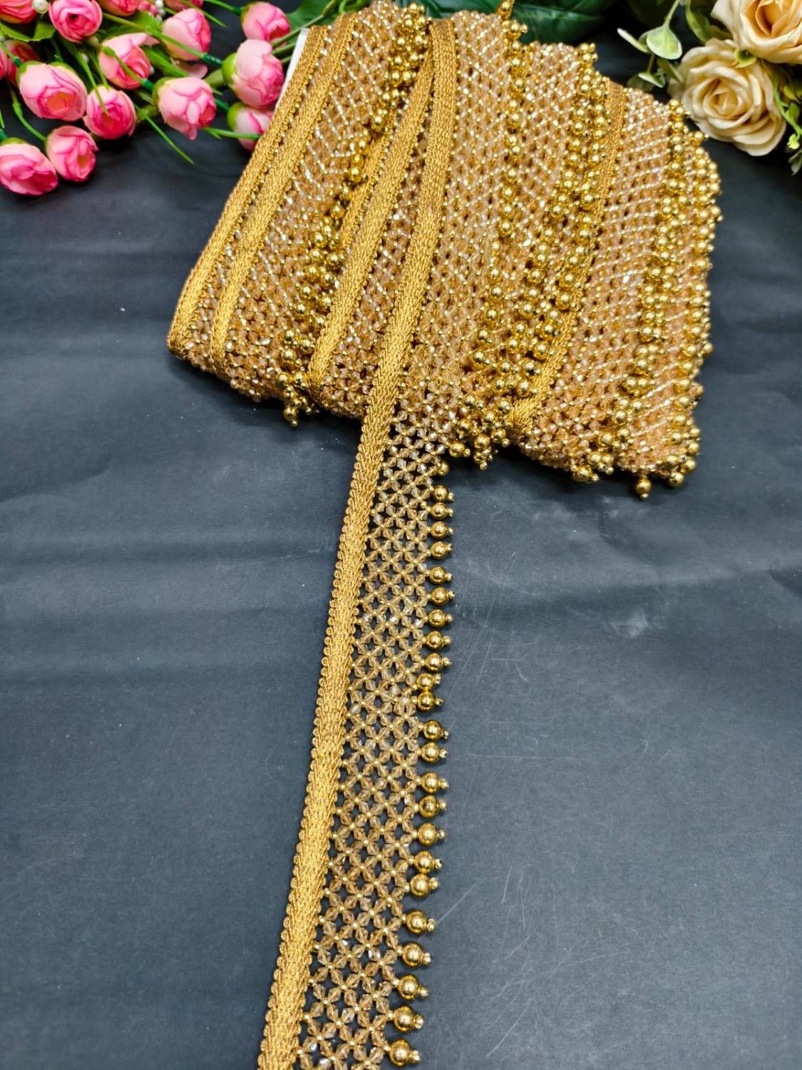 New Crystal Stone Saree Lace Border Trim – Fancy Embellished Lace for Sarees, Dupattas & Ethnic Dresses (9 Meter) | Gold