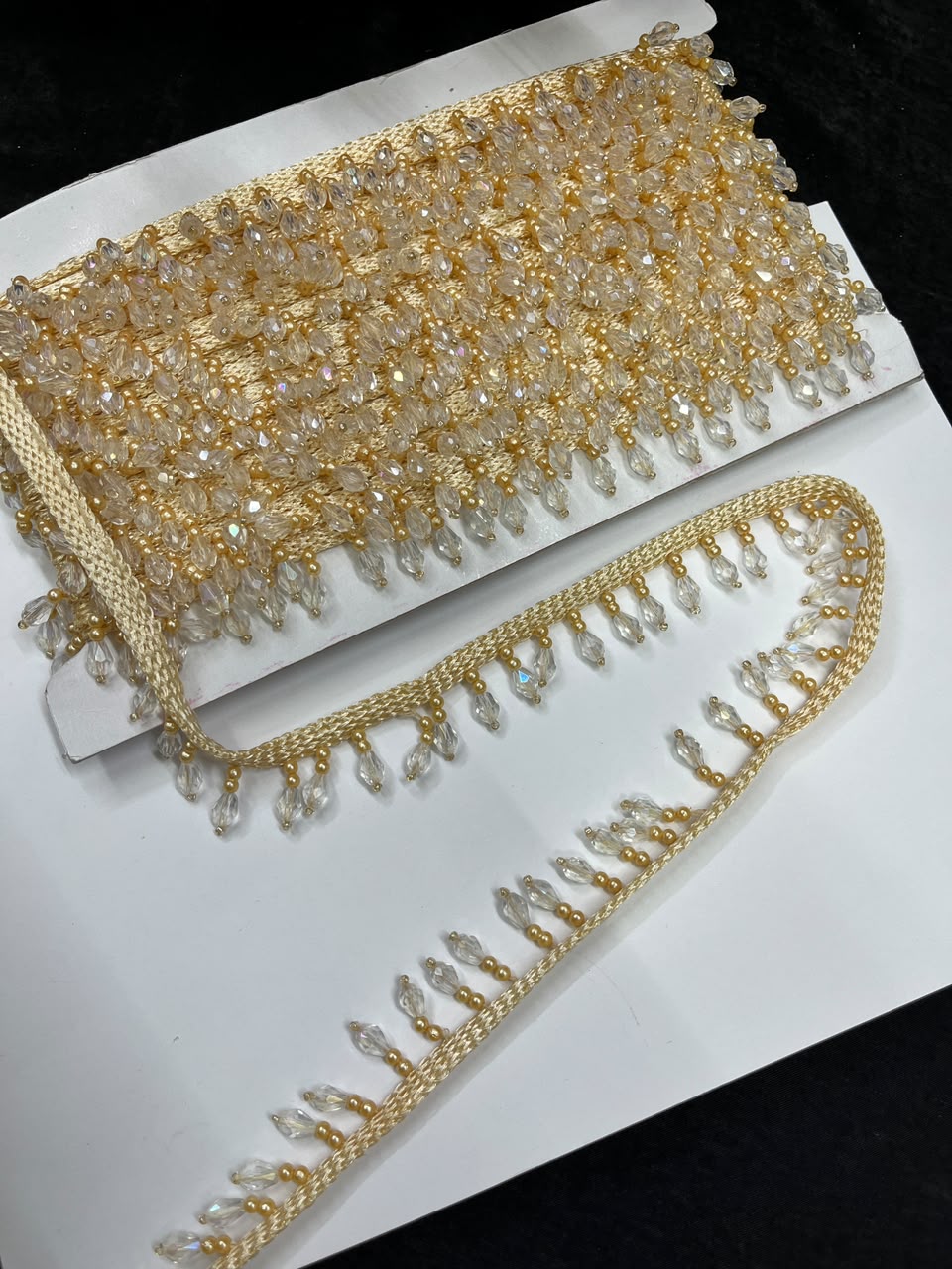 Crystal Drop Latkan Lace for Dupattas, Blouses, Sarees & Lehengas – Designer Hanging Crystal Lace Border (1 Inch) | DC1047 | Gold