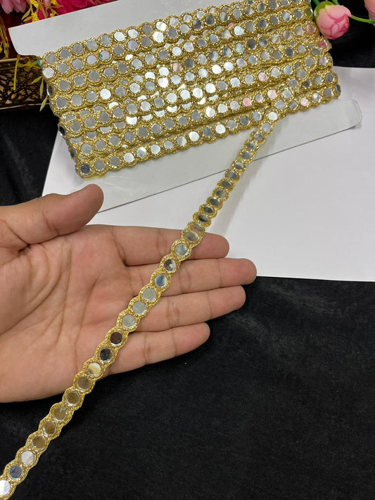 Handmade Real Mirror Work Lace Border for Sarees, Blouses & Dresses – Designer Mirror Lace Trim (Half Inch) | Gold