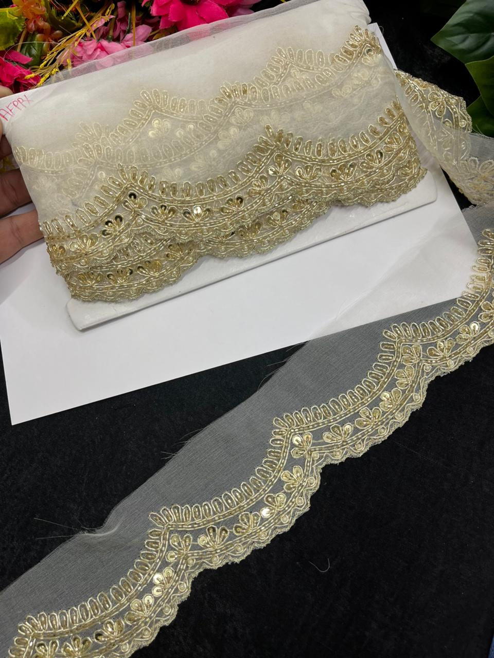 Scalloped Zardozi Borders – Premium 1 Inch Handmade Decorative Lace for Bridal & Ethnic Wear (9 Meter) | Gold