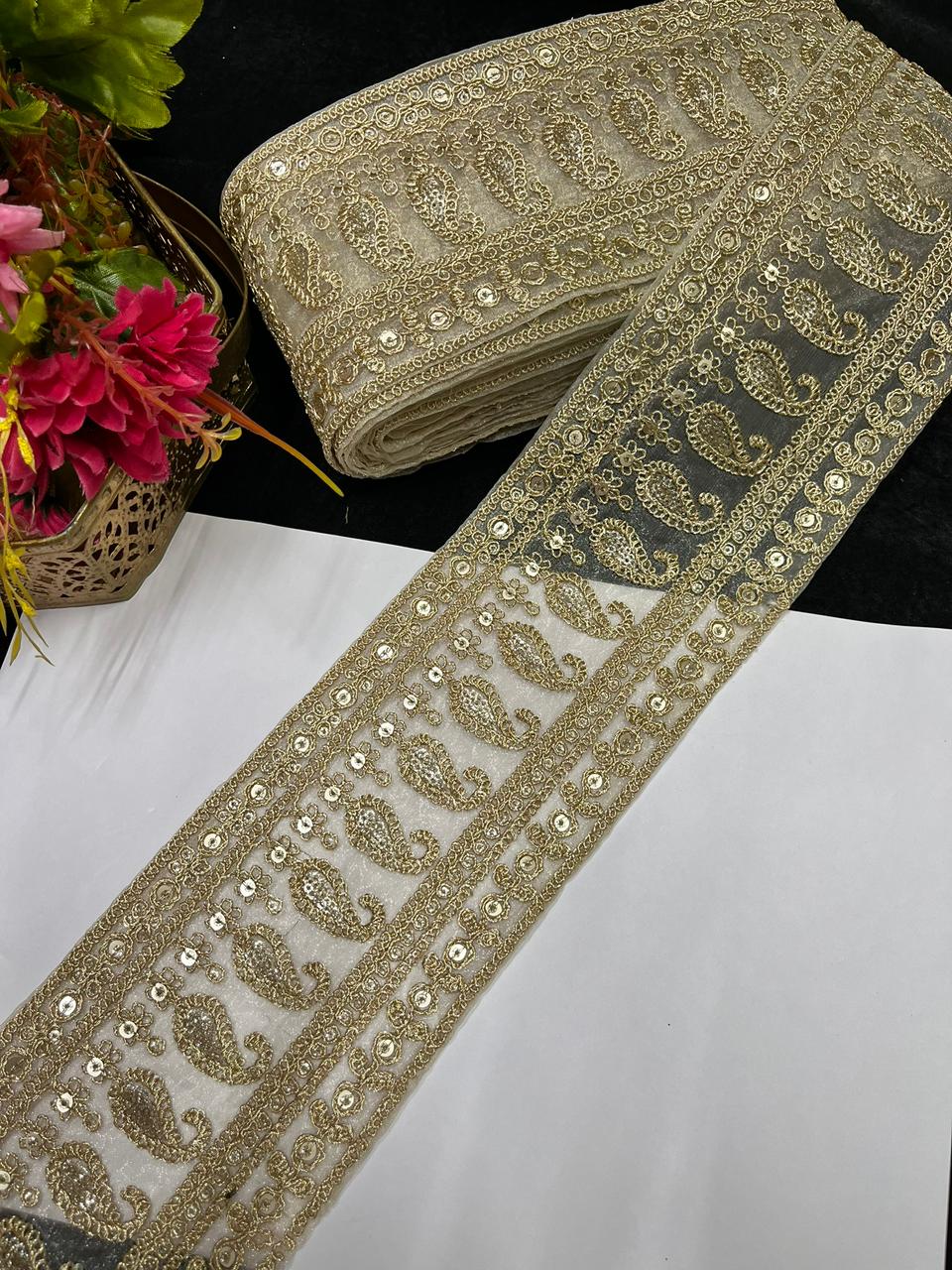 Sabyasachi Inspired Embroidered Lace Border for Sarees, Lehengas & Dupattas – Designer Wide Ethnic Lace Trim (4 Inch) | Gold