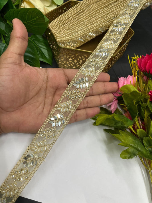 Mirror & Pearl Work Designer Saree Lace – 9 Meter Premium Border Trim for Sarees, Lehengas & Dupattas | Gold