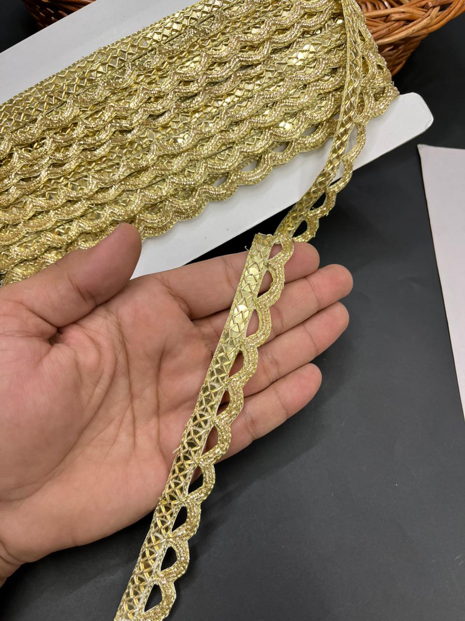 Cutwork Handcrafted Lace Border for Dresses & Sarees – Intricate Handmade Design for Ethnic & Western Wear (9 Meter, 1 Inch Width) | Gold