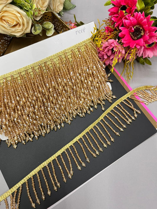 Handmade Crystal Hanging Lace Trim – Designer Crystal Tassel Latkan Lace Border for Sarees, Dupattas & Lehengas (9 Meter, 2 Inch Width) | Gold