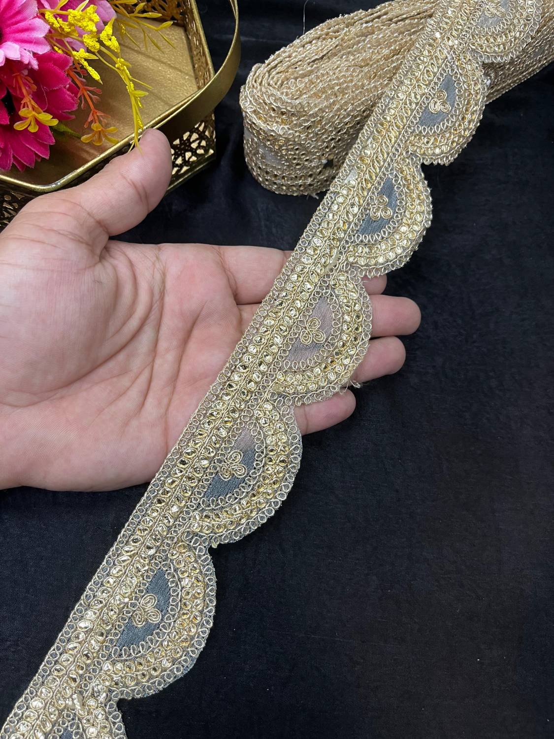 Gold Scallop Embroidered Zari Lace for Sarees & Craft – Elegant Golden Border Trim (9 Meter, 2 Inch Width) | Gold