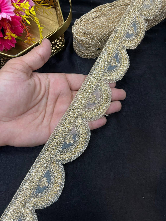 Gold Scallop Embroidered Zari Lace for Sarees & Craft – Elegant Golden Border Trim (9 Meter, 2 Inch Width) | Gold
