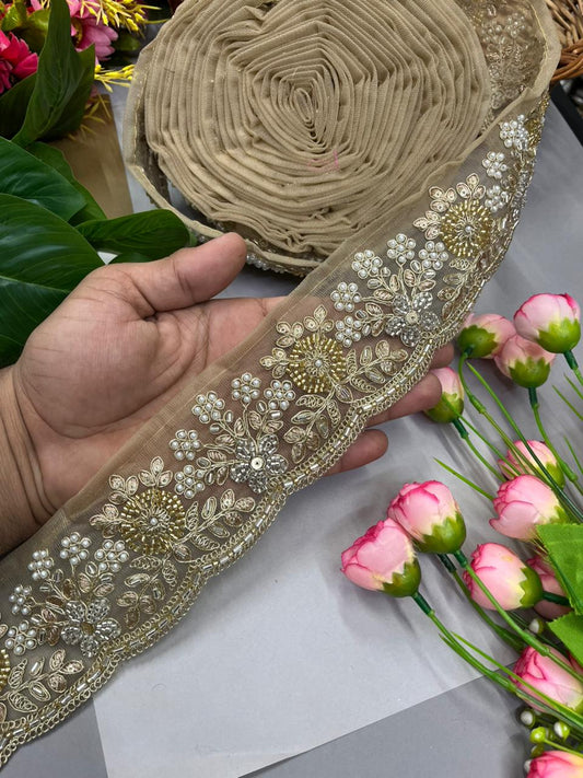 Luxurious Beaded Cutdana Bridal Dupatta Lace | Maggam Saree Laces – Designer Embellished Border (9 Meter, 2.5 Inch Width) | Gold