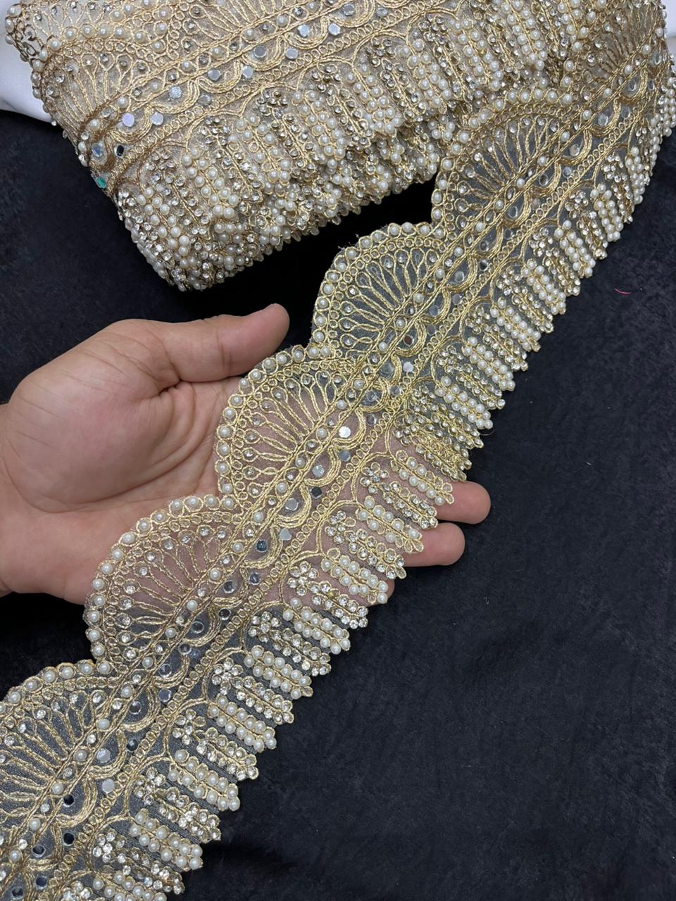 Designer Pearl Work Lace with Real Mirror for Sarees, Lehengas & Dresses – Gold Embroidered Mirror Lace Border (3 Inch) | Gold