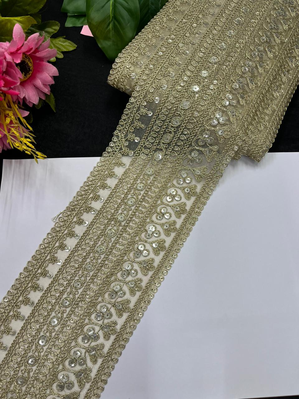 Designer Style Gold Embroidered Sequins Zari Lace – Premium Bridal Gold Embroidered Lace | Gold