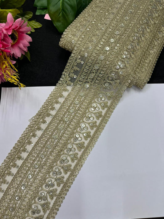 Designer Style Gold Embroidered Sequins Zari Lace – Premium Bridal Gold Embroidered Lace | Gold