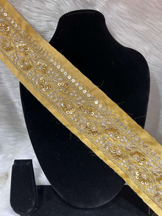 Exclusive Beaded Embroidered Lace – 9 Meters, 2-Inch Maggam Work Border Trim for Sarees & Lehengas | Gold