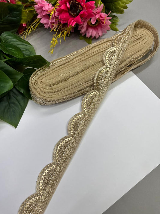 Beautiful Embroidered Zari Sequins Lace Trim – Premium 1 Inch Gold Embroidered Decorative Border for Sarees & Ethnic Wear (9 Meter) | Gold