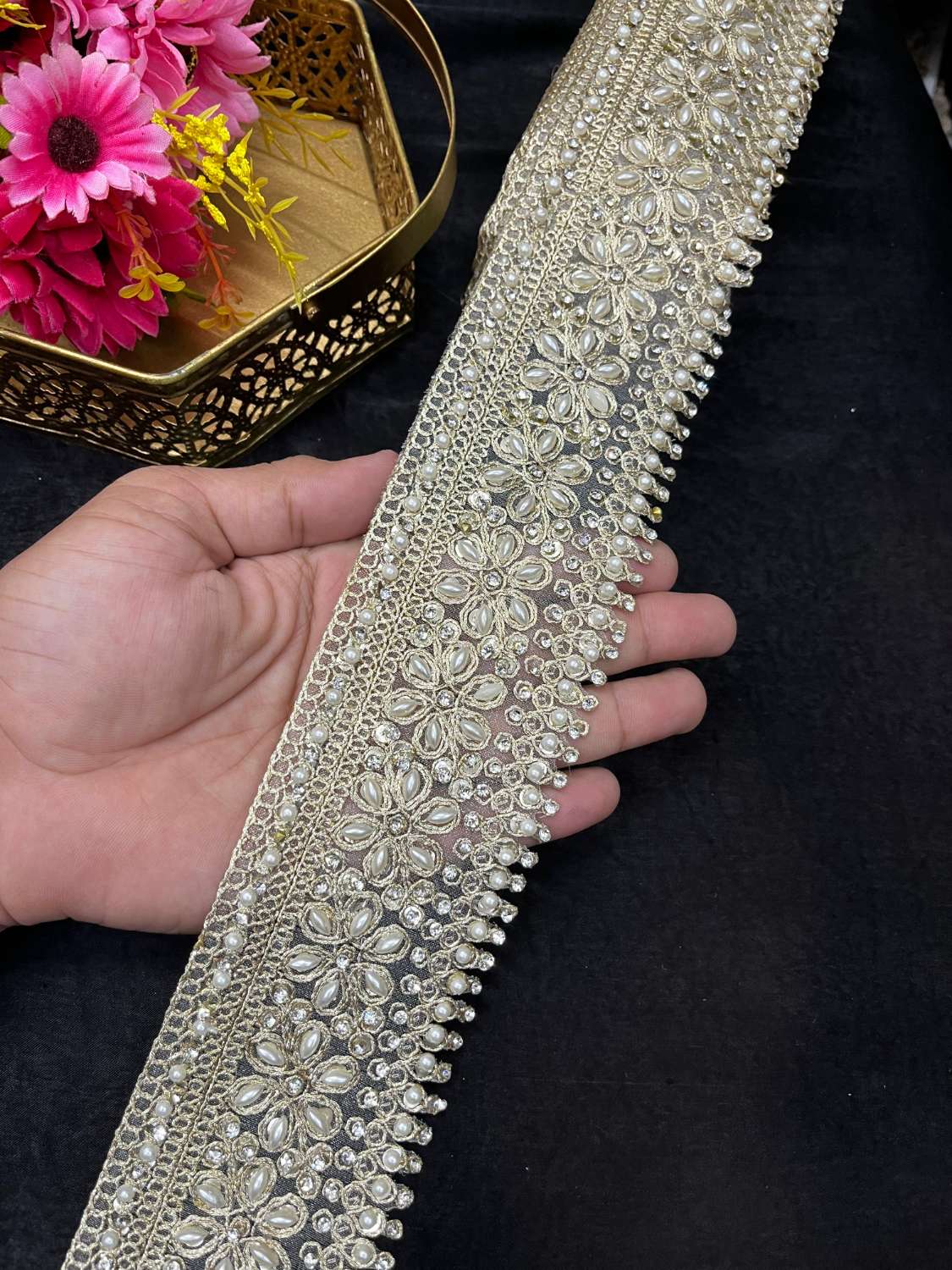 Pearl Work Embroidered Designer Lace – Elegant Mirror Lace Border for Sarees, Dupattas & Lehengas (9 Meter, 2.5 Inch Width) | Gold