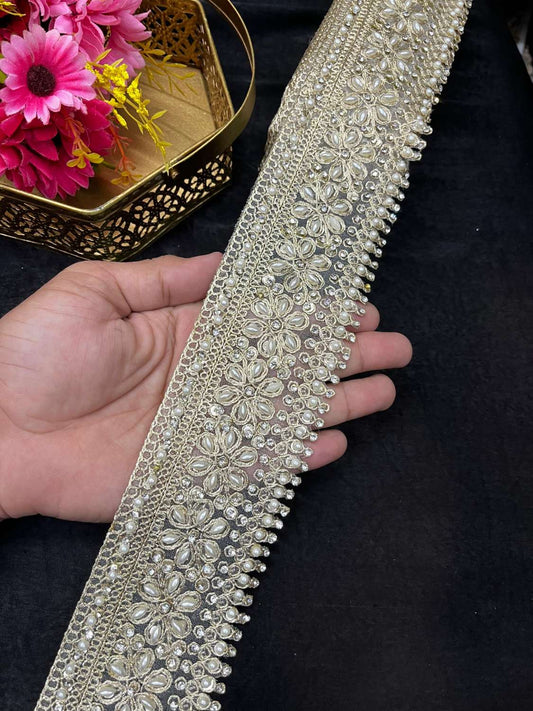Pearl Work Embroidered Designer Lace – Elegant Mirror Lace Border for Sarees, Dupattas & Lehengas (9 Meter, 2.5 Inch Width) | Gold