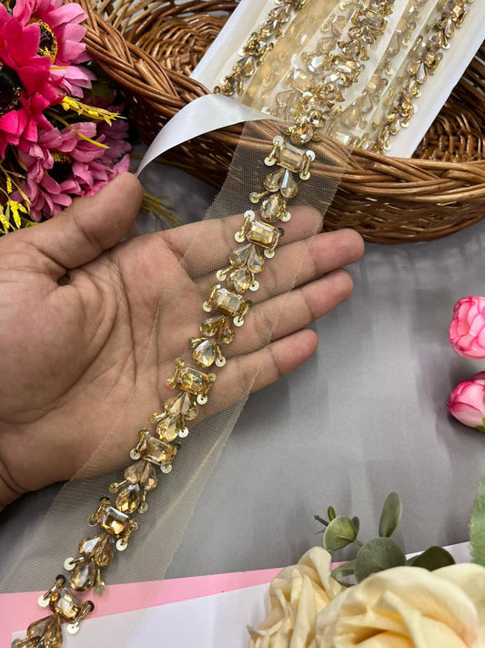 Handmade Crystal Lace – Premium 1 Inch Handcrafted Decorative Border for Sarees, Dresses & Ethnic Wear (9 Meter) | Gold