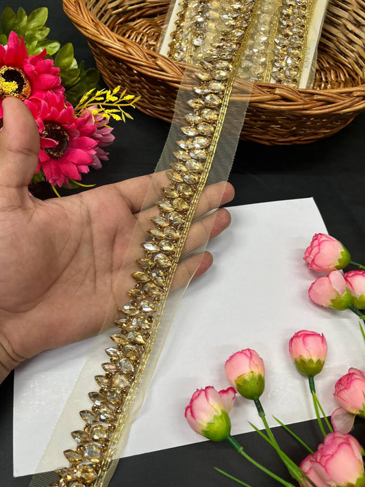 Beautiful Handmade Crystal Heavy Lace Border – Premium Designer Trim for Sarees, Lehengas & Ethnic Outfits (9 Meter, 1.5 Inch Width) | Gold