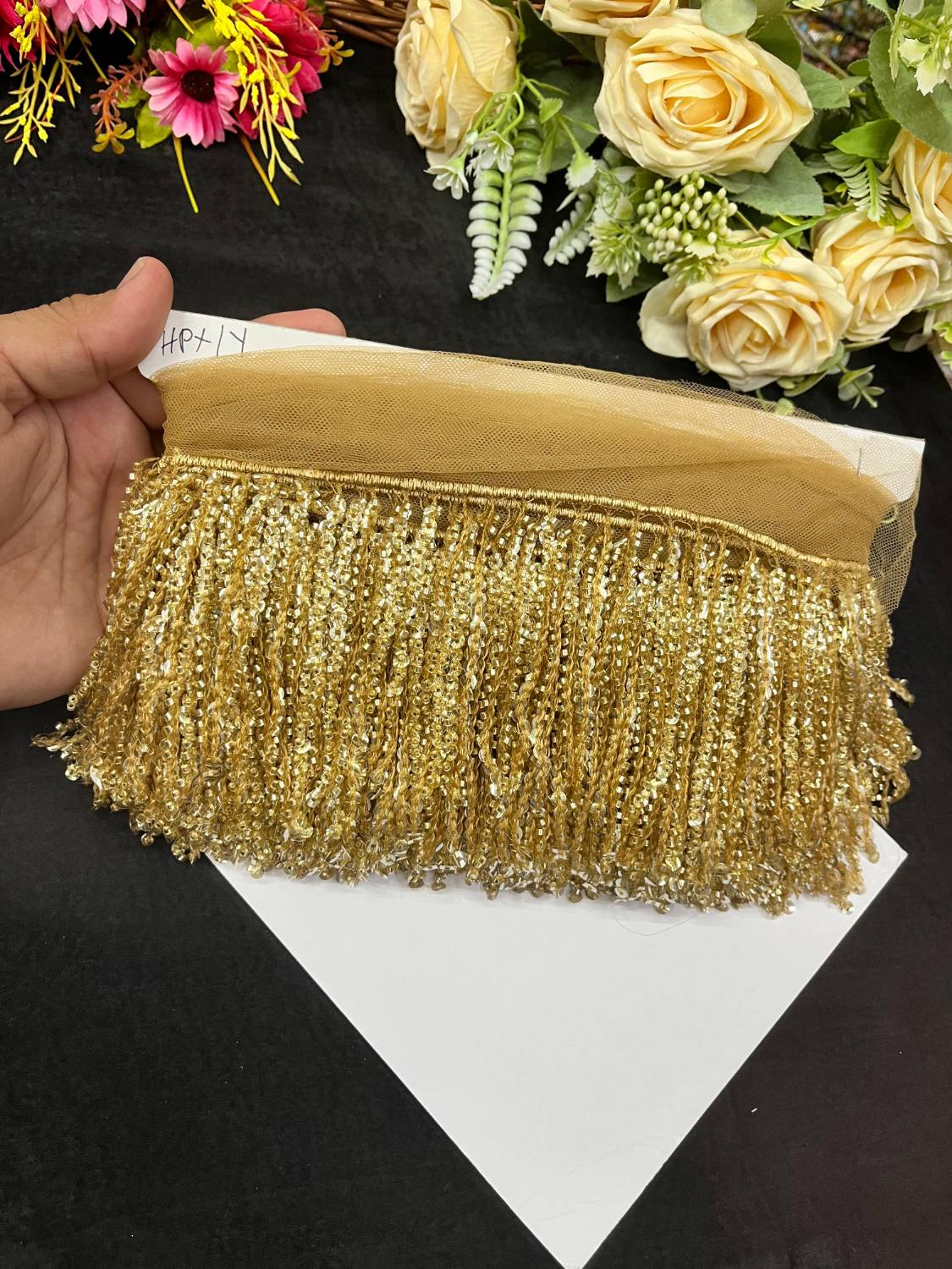 Sequence Fringe Lace | Western Imported Lace | Tassels Lace – Premium Designer Border Trim for Sarees, Lehengas & Gowns (9 Meter, 4 Inch Width) | Gold