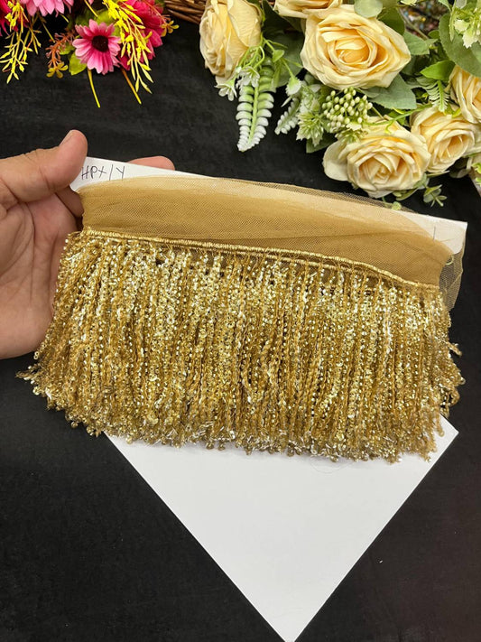 Sequence Fringe Lace | Western Imported Lace | Tassels Lace – Premium Designer Border Trim for Sarees, Lehengas & Gowns (9 Meter, 4 Inch Width) | Gold