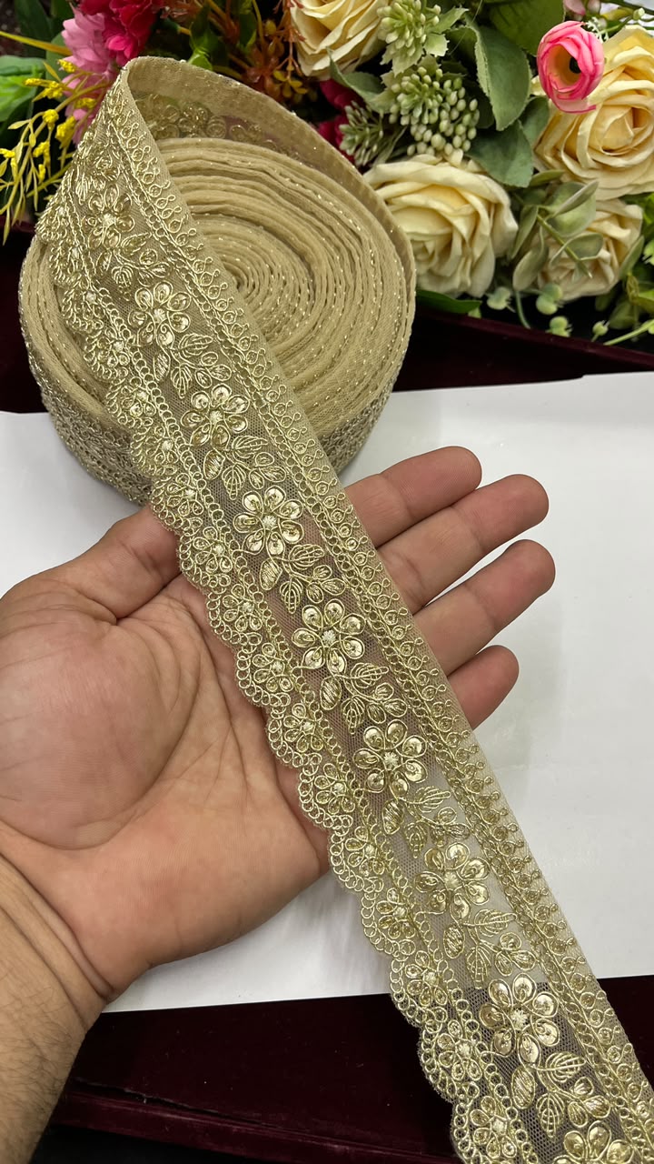 Golden Sequin Work Embroidered Saree Lace for Sarees, Lehengas, Dupattas & Blouses – Designer Gold Embroidery Lace Border (2 Inch) | DC1073 | Gold
