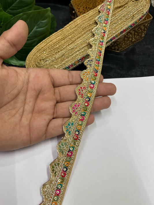 Multicolored Scalloped Sabyasachi Inspired Embroidered Lace – 9 Meters, 1-Inch Designer Trim for Sarees, Lehengas & Dupattas | Gold