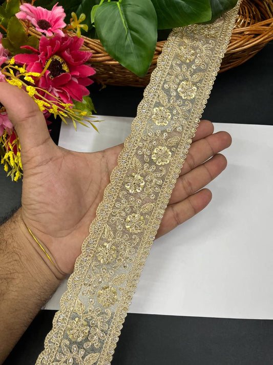 Gold Zari Embroidered Lace Borders for Sarees & Dupattas (9 Meter) – 2 Inch Width | Gold
