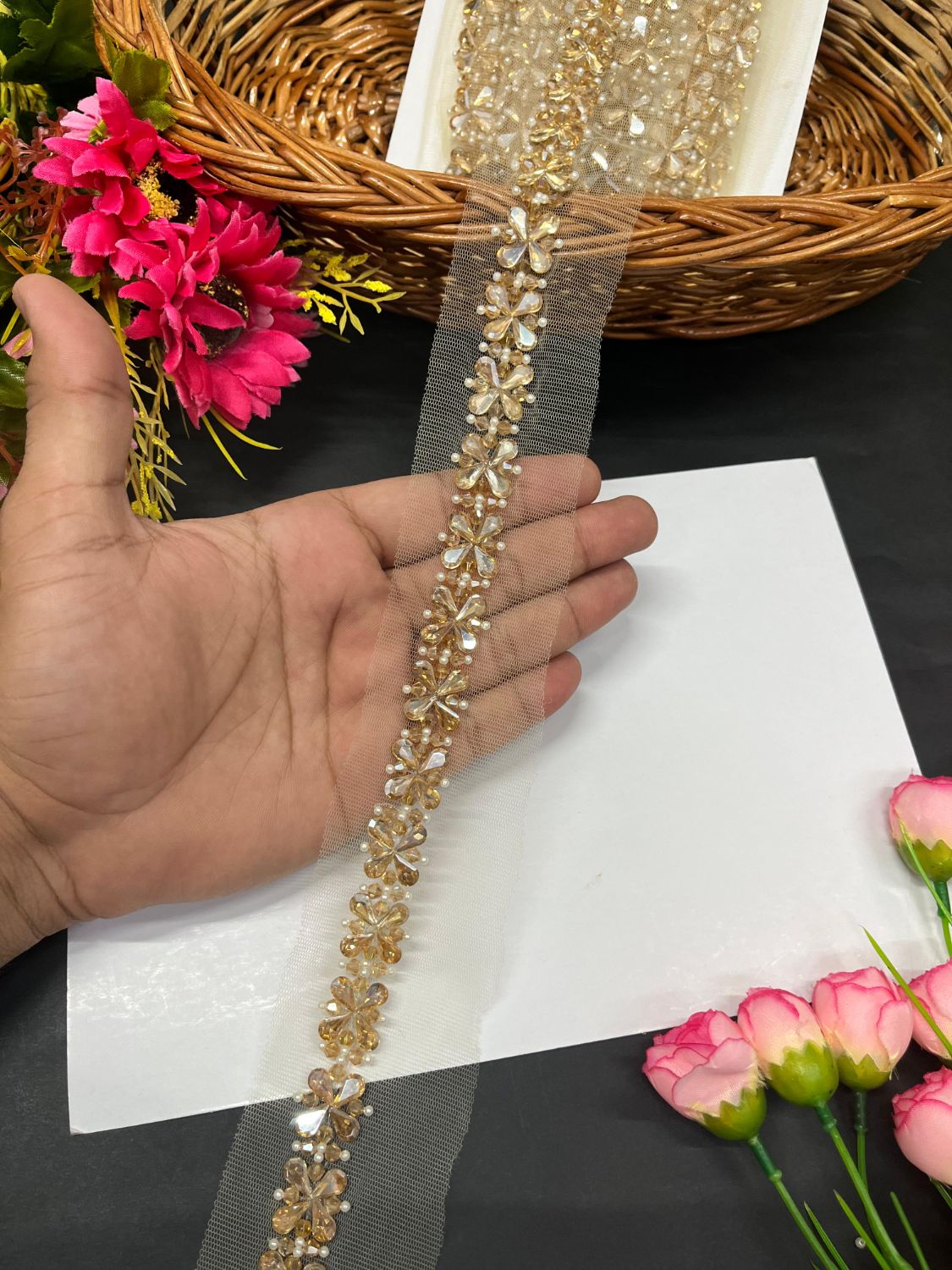 Beautiful Handmade Flower Design Crystal Heavy Lace Border – Elegant Designer Trim for Sarees, Lehengas & Ethnic Wear (9 Meter, 1 Inch Width) | Gold