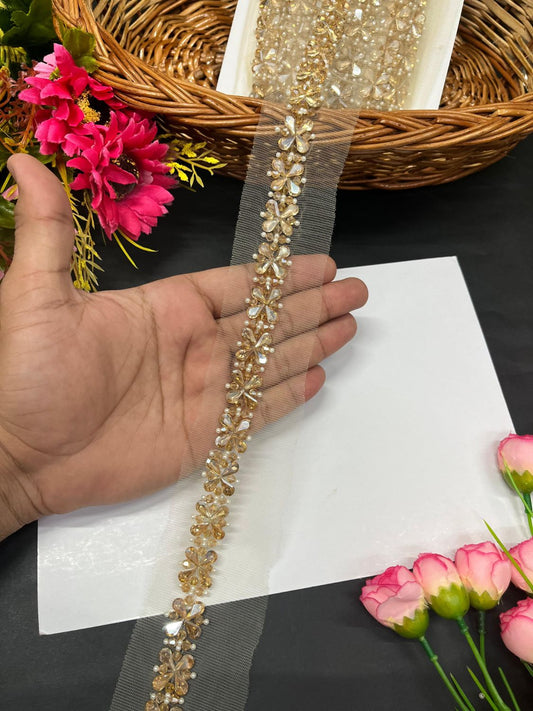 Beautiful Handmade Flower Design Crystal Heavy Lace Border – Elegant Designer Trim for Sarees, Lehengas & Ethnic Wear (9 Meter, 1 Inch Width) | Gold