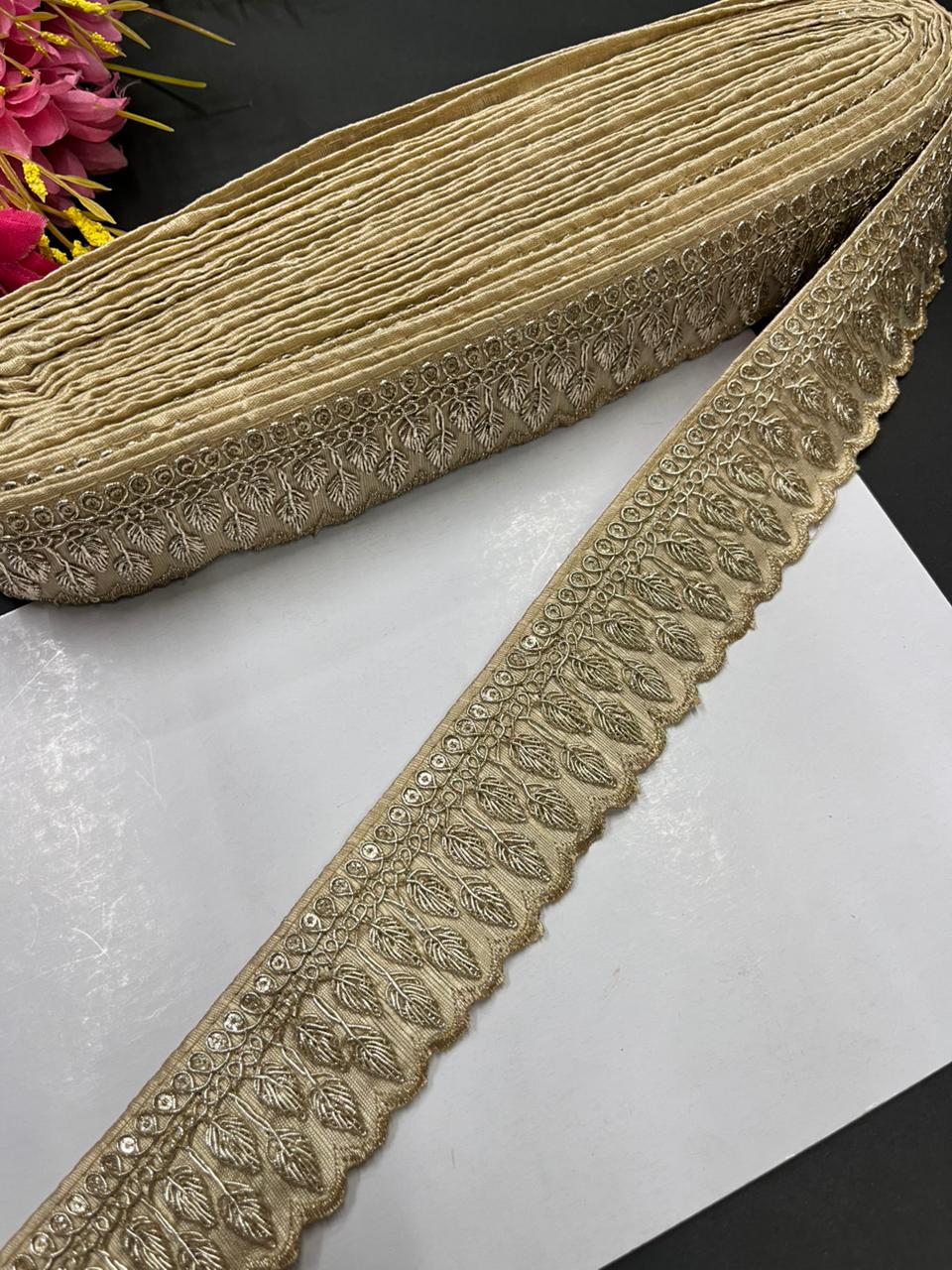 Zari Embroidered Saree Laces – Premium Designer Borders for Sarees, Lehengas & Dupattas (9 Meter, 1.5 Inch Width) | Gold