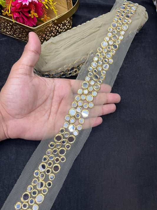 Gorgeous Real Mirror Designer Laces & Borders for Sarees, Dupattas & Craft Projects (9 Meter, 1.5 Inch Width) | Gold
