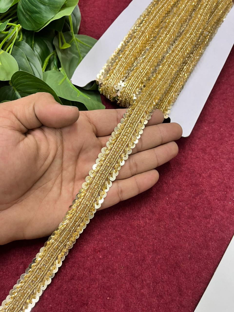 Handcrafted Sequins Zardosi Lace – Designer Handmade Border for Sarees, Dupattas & Lehengas (9 Meter, 1 Inch Width) | Gold