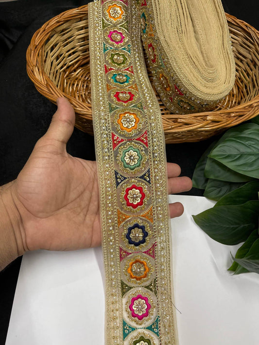 Multicolored Sabyasachi Inspired Saree Laces – 9 Meters, 3-Inch Designer Embroidered Border for Sarees, Lehengas & Dupattas | Gold