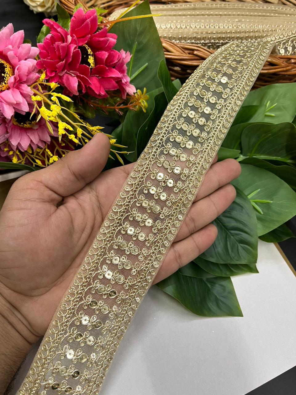 Sabyasachi Inspired Embroidered Laces for Sarees & Dresses – Luxury Designer Border for Ethnic & Couture Wear (9 Meter, 2 Inch Width) | Gold