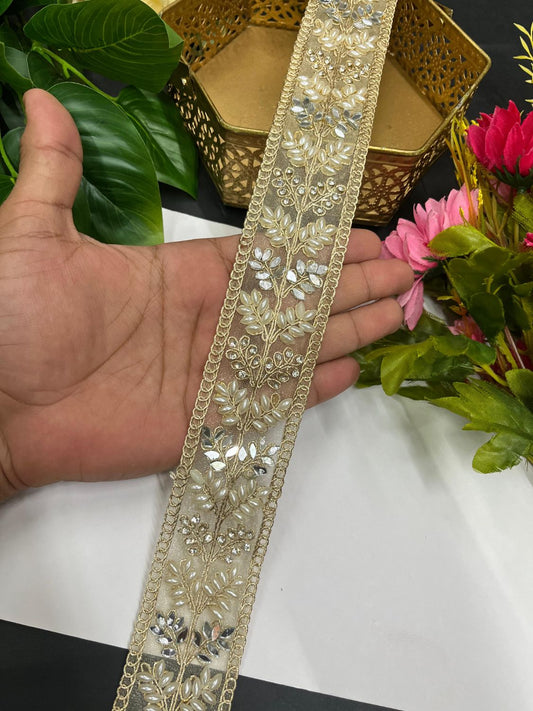 Mirror & Pearl Work Designer Saree Laces – 9 Meter Elegant Embellished Border for Sarees, Lehengas & Dupattas | Gold