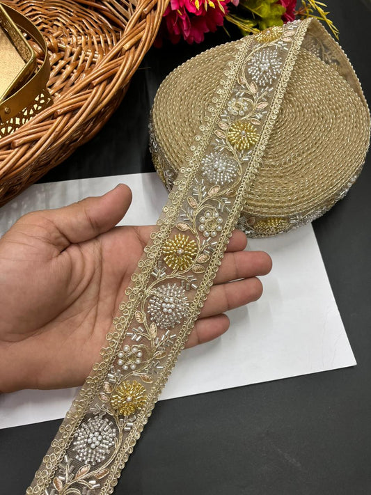 Beaded Bridal Laces Collection – Premium Maggam Work Designer Borders for Sarees, Lehengas & Dupattas (9 Meter, 2 Inch Width) | Gold