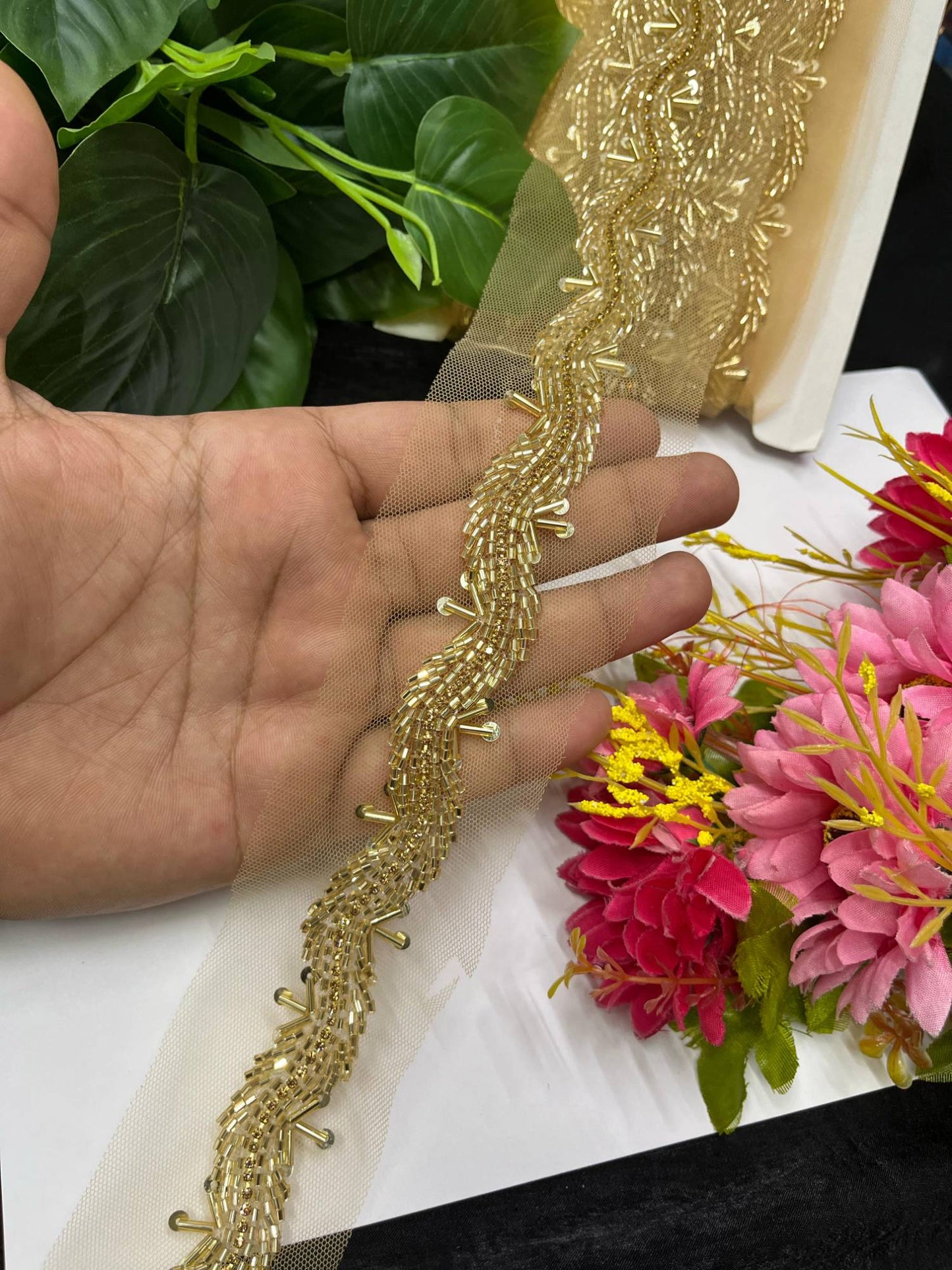 Handcrafted Cutdana & Diamond Lace Border on Net Fabric – 9 Meters, 1-Inch Embellished Trim for Sarees & Lehengas | Gold