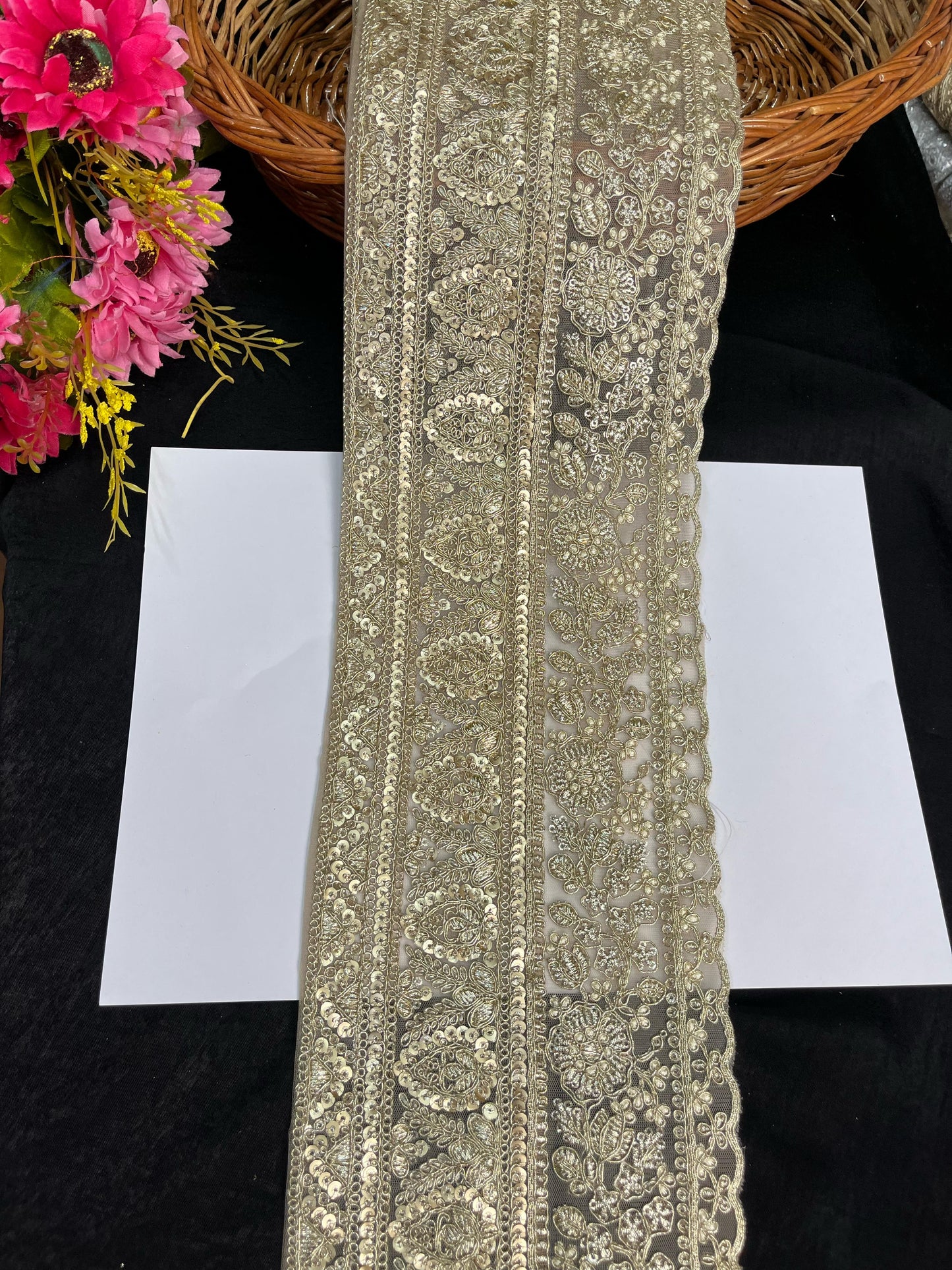 Sequins Gold Embroidered Lehenga Lace Border – 9 Meters, 6-Inch Heavy Bridal Trim for Sarees, Dupattas & Ethnic Wear - Gold