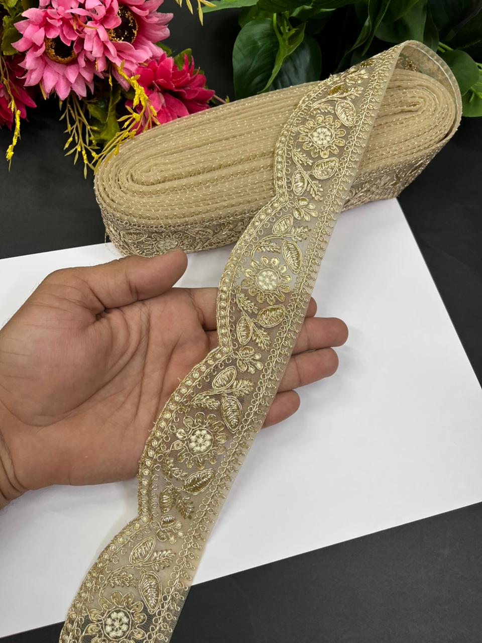 Zari Embroidery Scalloped Lace – Premium 2 Inch Gold Embroidered Border for Sarees, Dupattas, Lehengas & Festive Wear (9 Meter) | Gold