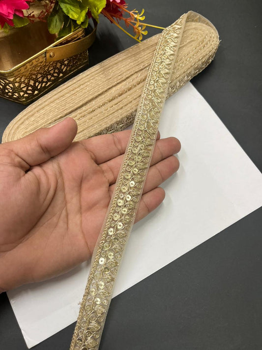 Zari Embroidered Silk Lace – Premium Designer Border for Sarees, Lehengas & Dupattas (9 Meter, 1 Inch Width) | Gold