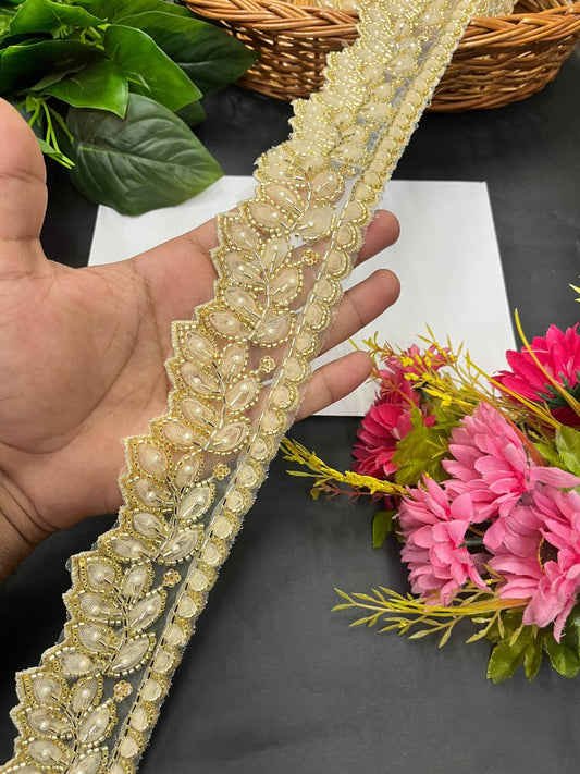 Beaded Handmade Lace Trim for Boutique – Imported Decorative Lace for Sarees, Dupattas, and Dresses (9 mtr, 2.5 inch) | Gold