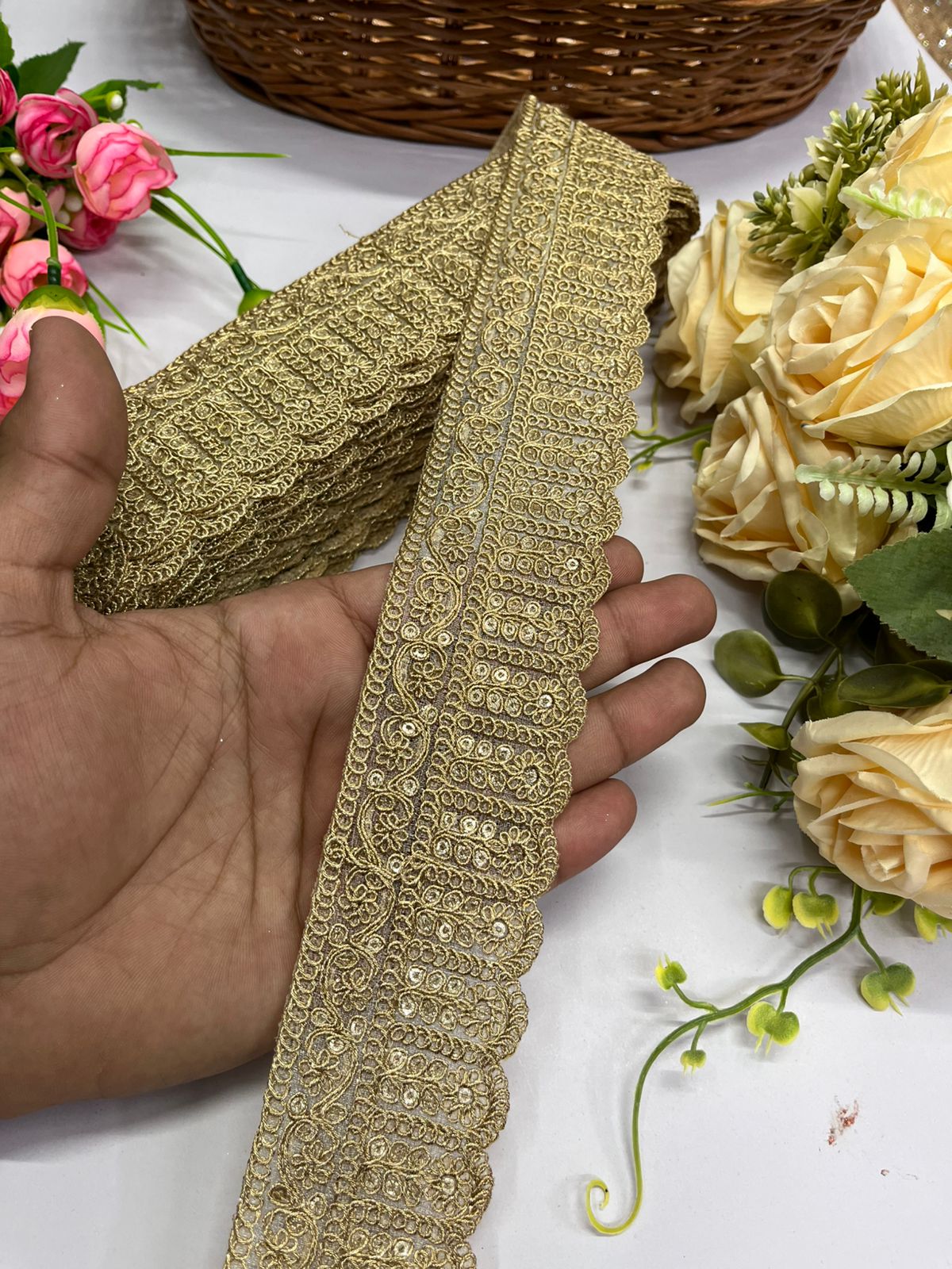 Gold Zari with Gold Sequins Embroidered Lace - 9 Meter (2 Inch Width, Gold)