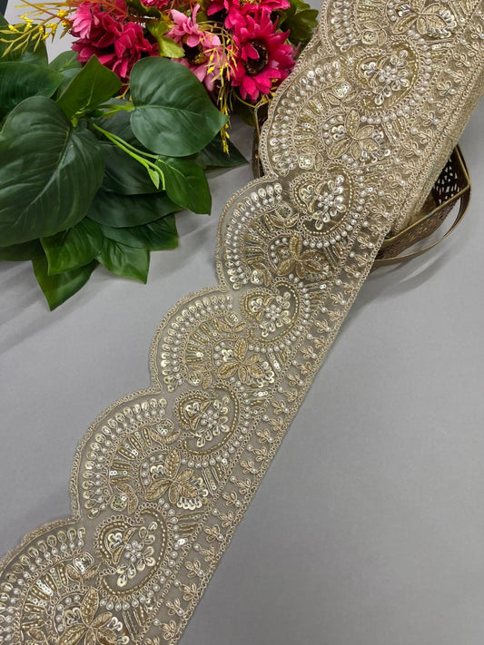 Embroidered Cutdana Work Laces for Lehengas – Premium 4.5 Inch Heavy Decorative Border for Bridal & Festive Wear (9 Meter) | Gold