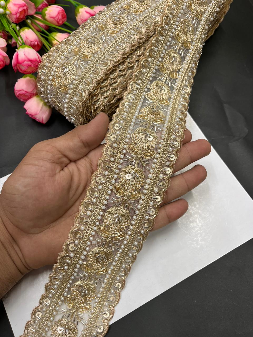 Luxurious Beaded Cutdana Bridal Saree Laces – Heavy Maggam Work Borders for Sarees, Dupattas & Lehengas (9 Meter, 2.5 Inch Width) | Gold